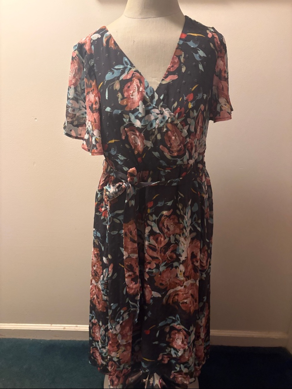 Torrid Gray Floral Wrap Midi Dress with Coral and Teal Accents